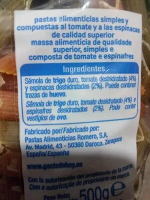 Lista de ingredientes del producto Macarrón con vegetales Alteza 500 g