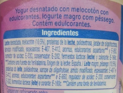 List of product ingredients Yogur con trozos de melocotón Alteza 500 g (4x125g)