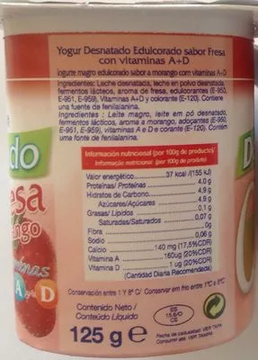 List of product ingredients Yogur Desnatado sabor a Fresa con vitaminas A y D Alteza 125 g