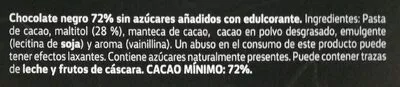 Lista de ingredientes del producto Chocolate Negro 72% de Cacao Adarve 125 g