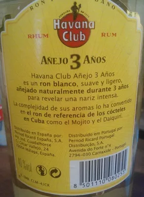 Lista de ingredientes del producto Ron añejo 3 años Havana Club 1l