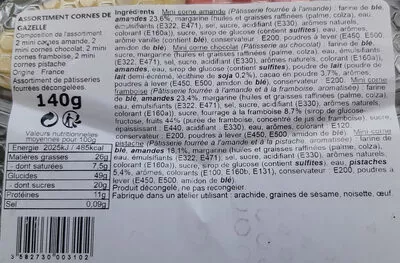 Liste des ingrédients du produit pâtisseries orientales assortiment cornes de gazelle les délices de Djamila 140 g