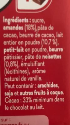 Liste des ingrédients du produit Chocolat au lait Amandes Nestlé 