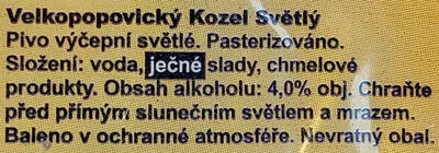 Lista de ingredientes del producto Velkopopovicky Kozel Svetly Kozel 500 ml