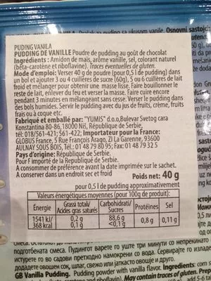 Liste des ingrédients du produit Puding vanila Yumis 40 g