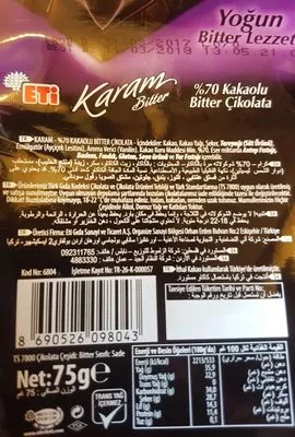 Liste des ingrédients du produit Eti Karam Bitter Eti 70g