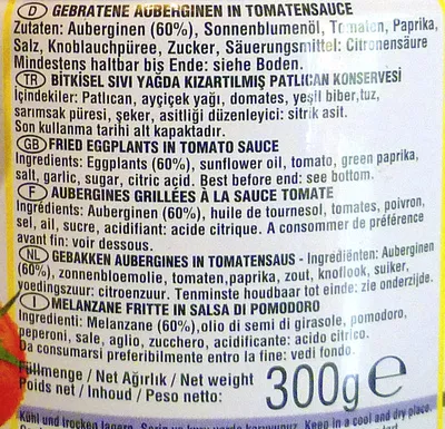 Lista de ingredientes del producto Aubergines grillées à la sauce tomate Baktat, Bakta 300 g
