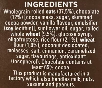 Lista de ingredientes del producto Cruesli Chocolate Quaker 375 g