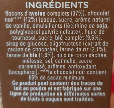 Liste des ingrédients du produit Cruesli chocolate Quaker 500g