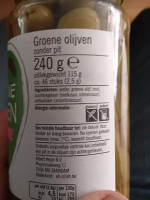 List of product ingredients Groene Olijven zonder pit AH 240 g