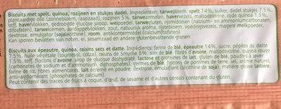 Lista de ingredientes del producto Spelt, quinoa & dadel Sultana 218g