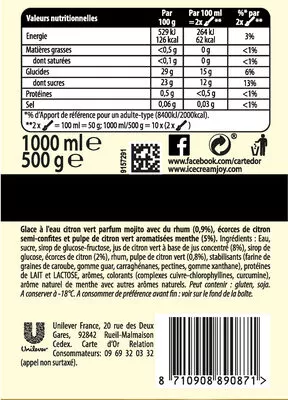 Lista de ingredientes del producto Carte D'or Les Authentiques Glace Façon Mojito au Citron Vert et Touche de Rhum Bac 1L Carte d'Or, Unilever 500 g