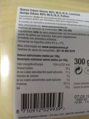 Lista de ingredientes del producto Queso Edam tierno 40% M.G.  300 g