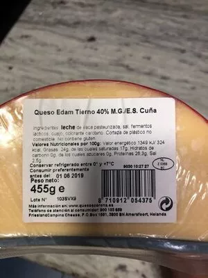 List of product ingredients Queso edam tierno  