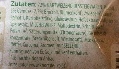 Lista de ingredientes del producto Knorr Penne mit Brokkoli Knorr Packung