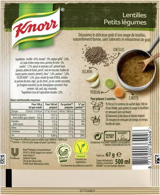 Liste des ingrédients du produit Knorr Soupe Lentilles Petits Légumes 69g 2 Portions Knorr 67 g