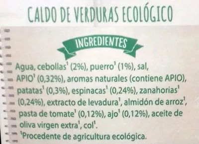 Liste des ingrédients du produit Eco caldo de verduras ecológico, sin gluten y sin lactosa envase 1 l Knorr 1 l