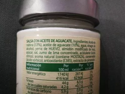 Lista de ingredientes del producto Salsa con aceite de aguacate Ligeresa 280 ml.