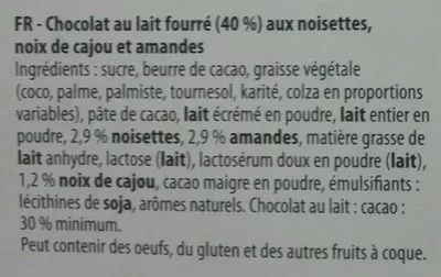 Lista de ingredientes del producto Chocolat au lait praliné  
