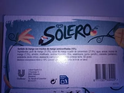 List of product ingredients Helado de sorbete de mango con trocitos de mango Solero 5 x 240 ml