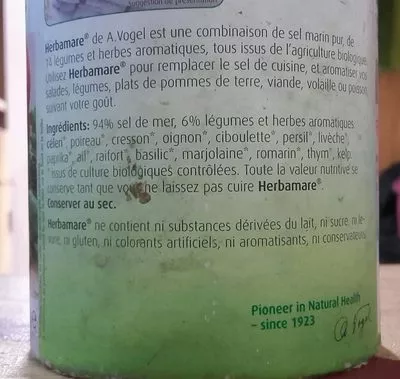 Lista de ingredientes del producto Sel marin aux légumes et herbes aromatiques biologiques A.Vogel 500 g