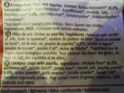 Liste des ingrédients du produit Kikkererwten Chips Paprika De Rit 75 g