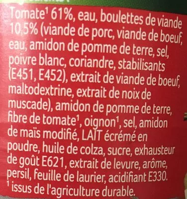Liste des ingrédients du produit Soupe tomates avec boulettes Knorr 515ml