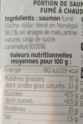 Lista de ingredientes del producto Saumon fumé à chaud caramélisé  125 g