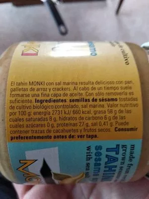 Lista de ingredientes del producto Tahin crema de Sésamo Monki 