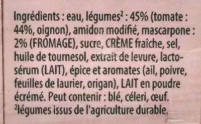 Lista de ingredientes del producto Velouté de tomates Mascarpone Knorr, Unilever 1 L