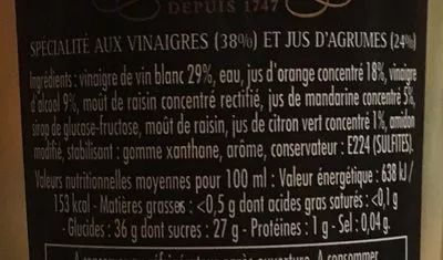List of product ingredients Velours de Vinaigre aux Agrumes Maille 25 cl