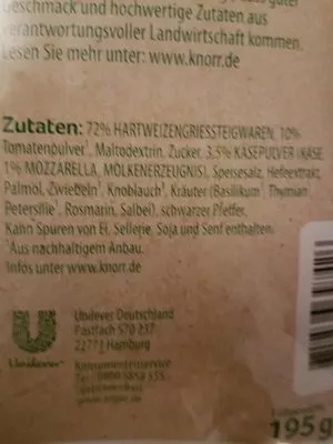 List of product ingredients Pomodoro mozzarella Pasta Tomaten Mozzarella Sauce Knorr Packung