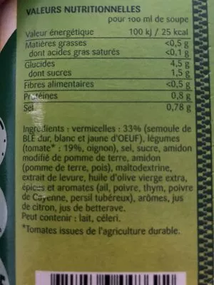 Lista de ingredientes del producto Soupe De Tomate Et Vermicelle Knorr 