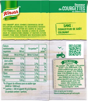 Lista de ingredientes del producto Knorr Soupe Douceur de Courgettes Chèvre Frais 30cl Knorr, Unilever 300 ml