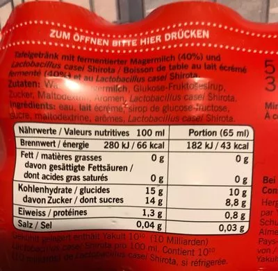 List of product ingredients Yakult Avec des milards de Lactobacillus casei Shirota Yakult 325 ml
