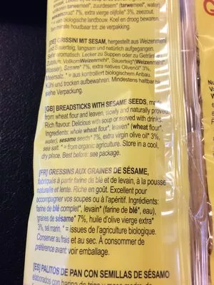 Lista de ingredientes del producto 125G Grissini Sesame Terra Sana 125 g