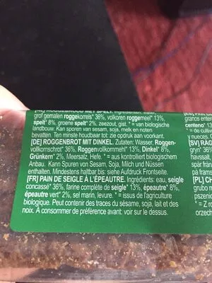 Liste des ingrédients du produit Pain De Seigle a L'epeautre Terrasana 500 g