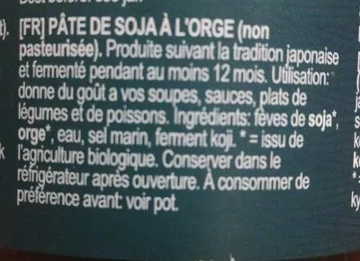 List of product ingredients Miso de soja à l'orge Terra Sana 350g