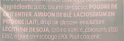 Lista de ingredientes del producto Pastilles en chocolat blanc aux granulés Hema 175