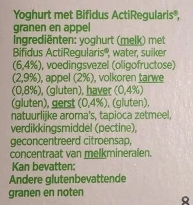 Lista de ingredientes del producto Yoghurt met granen Danone, Activia 500 g