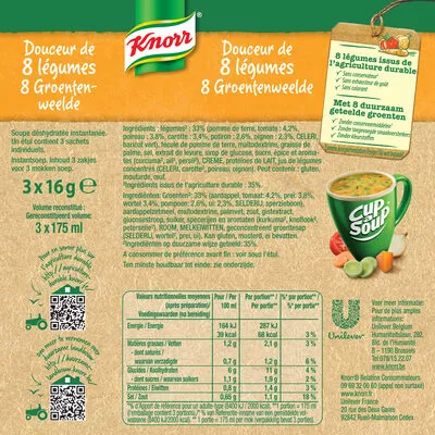 List of product ingredients Knorr Cup A Soup Soupe Douceur de 8 légumes 48g 3 Sachets Knorr, Unilever 48 g