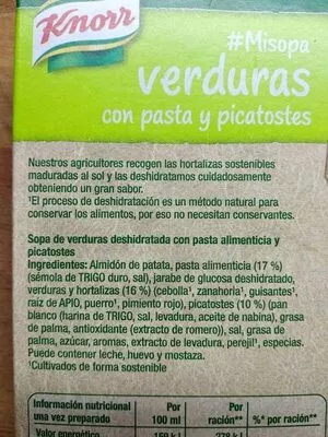 Lista de ingredientes del producto Misopa verdura con pasta y picatostes envase 48 g Knorr 