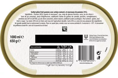 List of product ingredients Carte D'or Plein Fruit Sorbet Pomme Bac 1L Carte d'Or 650 g