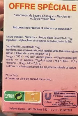 Liste des ingrédients du produit Alsa Assortiment levure chimique alsacienne Unilever 