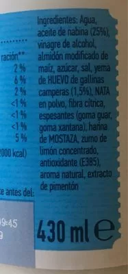 Liste des ingrédients du produit Mayonesa Light Hellmann's 430 ml
