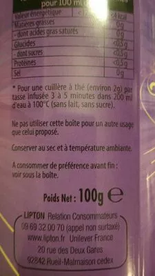 Liste des ingrédients du produit Lipton Original Earl Grey Thé Noir Notes de Bergamote 100g Vrac Lipton 100 g