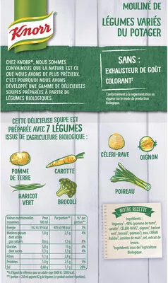 List of product ingredients Knorr Soupe Liquide Mouliné Bio de Légumes Variés Brique 1l Knorr 1000 ml