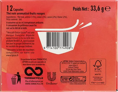 List of product ingredients Lipton Thé Noir Fruits Rouges 12 Capsules Lipton, Néstlé 33 g