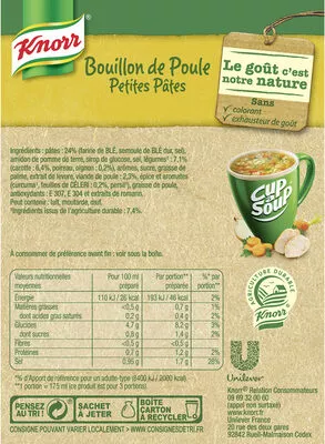 Liste des ingrédients du produit Knorr Cup A Soup Soupe Bouillon de Poule Petites Pâtes 36g 3 Sachets Knorr 36 g