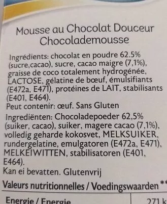 Liste des ingrédients du produit Mousse au chocolat douceur Alsa 